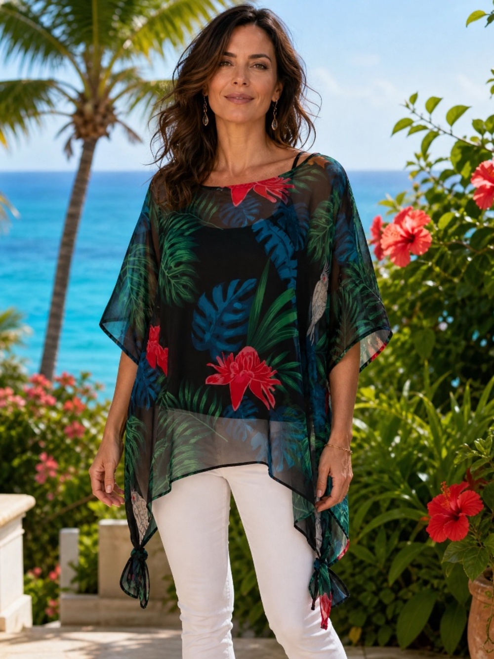 Colleen Lopez Tropical Sheer Chiffon Tie Hem Poncho Top NWOT M